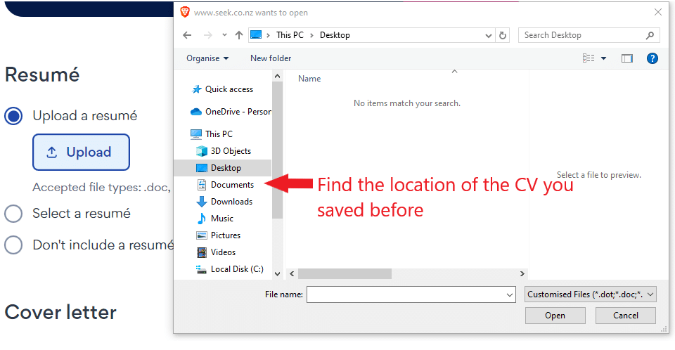 Find your CV for uploading onto the Seek website